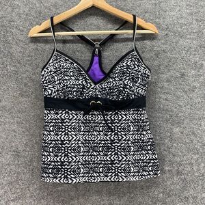 Beach Native Tankini Top Women 34D/DD Black Geometric V-Neck Sleeveless Lined